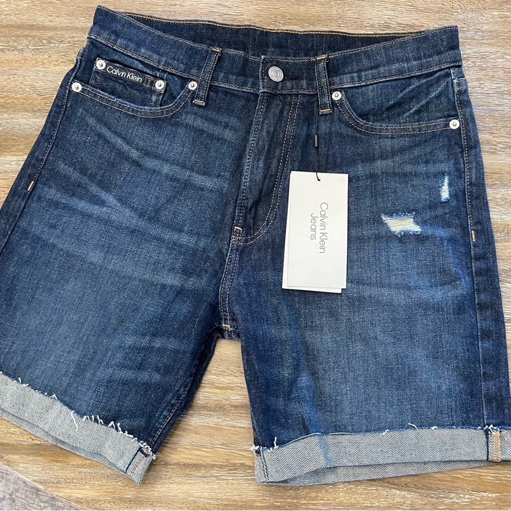 Macy's Calvin Klein Straight Bermuda Dark Blue Denim Jean Shorts Sz 30